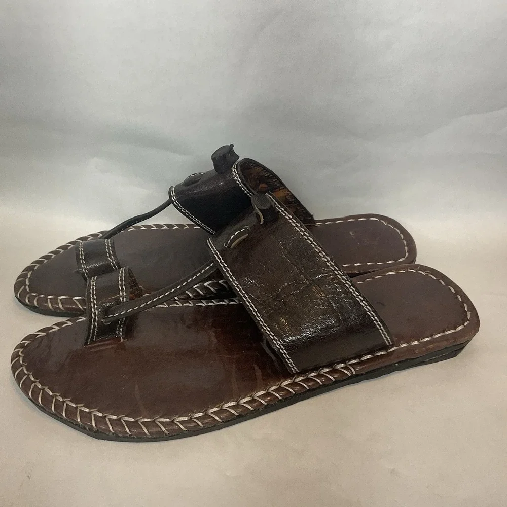 Men's Brown Leather Flip Flop Sandals size 10-10,5 Handmade Vibram Artisan Style